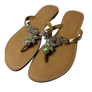 Gold Embellished Rhinestone Flat Sandals Sz 10.5 Women’s Stylish Summer Footwear